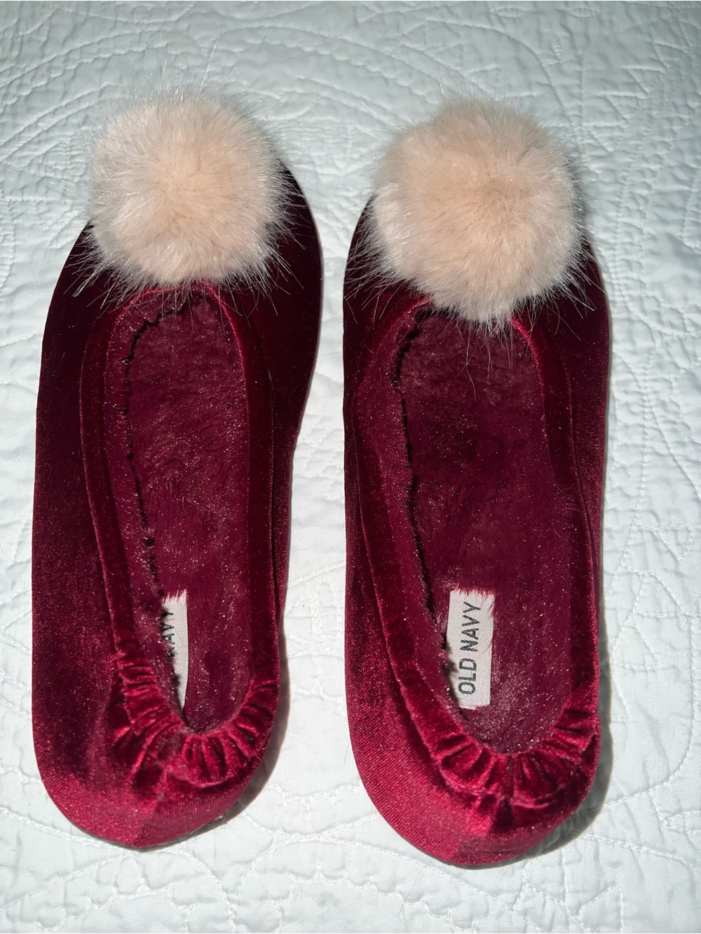 Old Navy Women's Burgundy Velvet Ballet Flats with Beige Pom